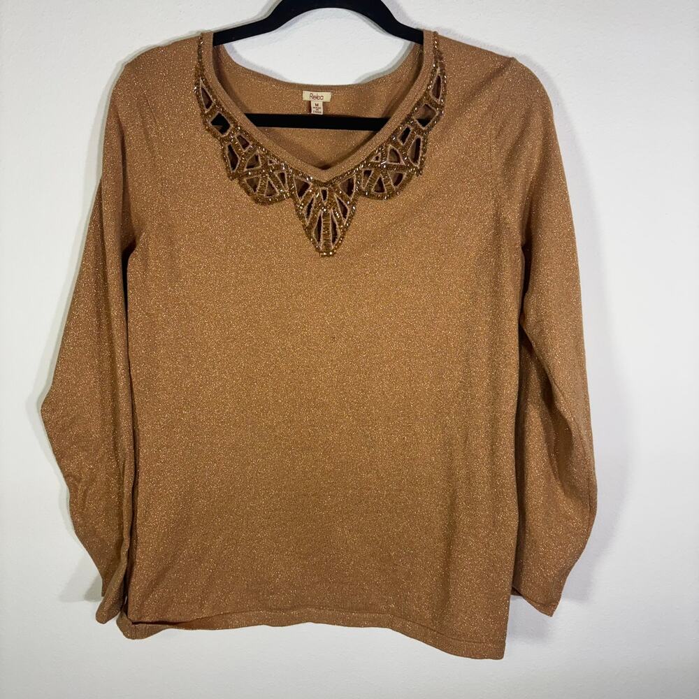 Reba Gold Shimmer Beaded Neckline Long Sleeve Knit Sweater Top Women Size Medium